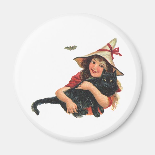 Vintage Halloween, tjejen Witch med svart katt Magnet (Framsidan)