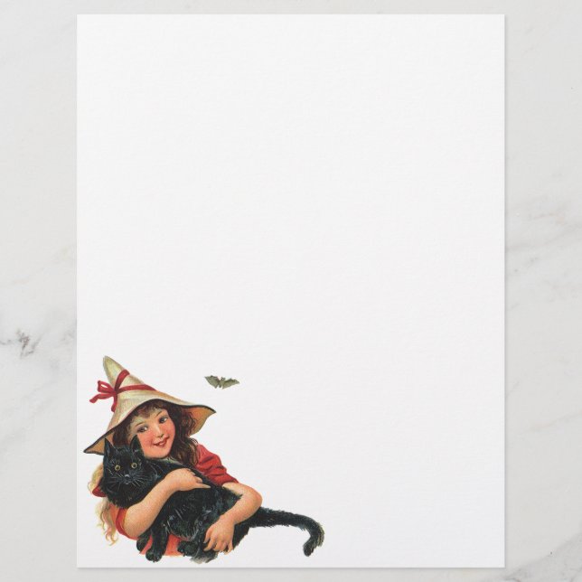 Vintage Halloween, tjejen Witch med svart katt Reklamblad (Framsidan)