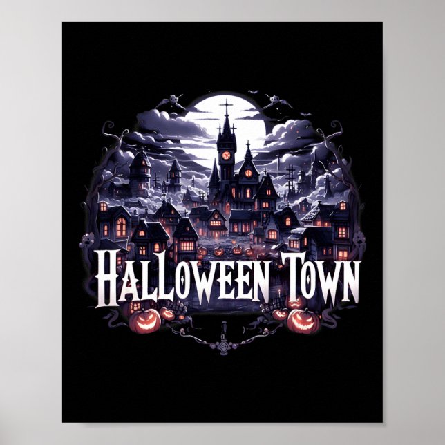 Vintage Halloween Town Skeleton Ghost Pumpkin Hall Poster (Framsidan)