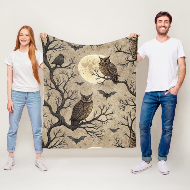 Vintage Halloween Uggla & Måne Fleecefilt (På plats)