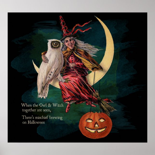 Vintage Halloween Uggla och Witch Poster (Framsidan)