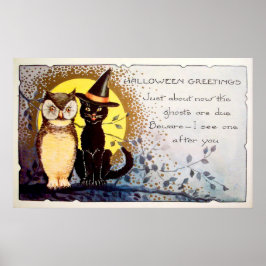 Vintage Halloween uggla-svart kattaväck poster