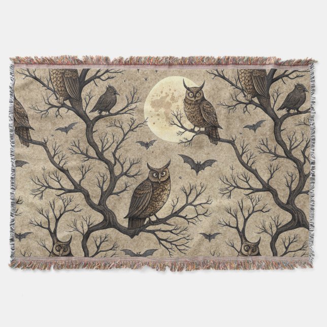 Vintage Halloween Ugglor & Måne Filt (Framsidan)