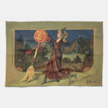 Vintage Halloween, vacker dansande häxa Kökshandduk