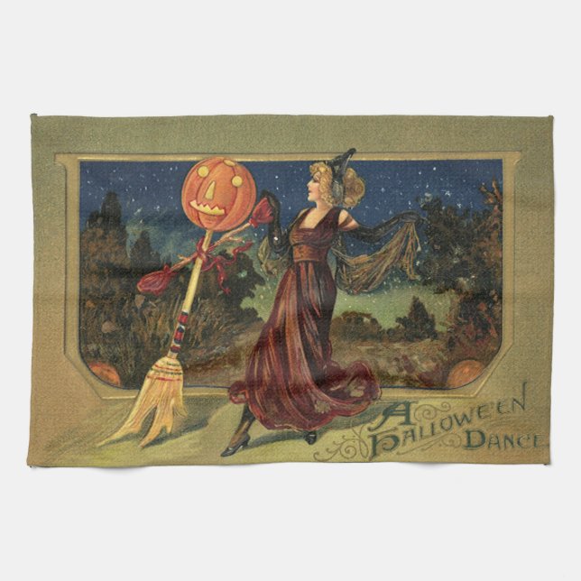 Vintage Halloween, vacker dansande häxa Kökshandduk (Horisontell)