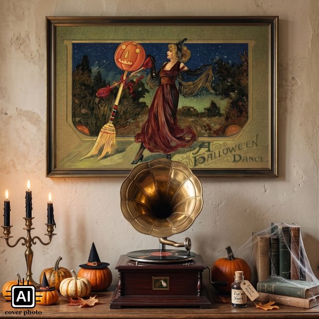 Vintage Halloween, vacker dansande häxa Poster (Vintage illustration Halloween design; a witch and a dancing broomstick with a pumpkin head.)