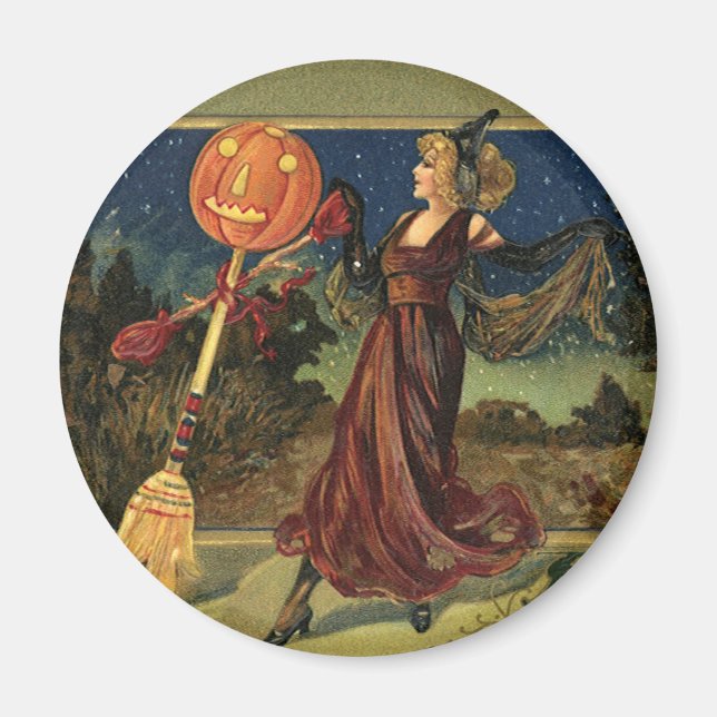 Vintage Halloween, vackert dansande Witch Magnet (Framsidan)