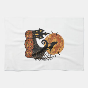 Vintage Halloween Varg Måne Pumpa Tröja Design_1 Kökshandduk