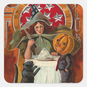 Vintage Halloween Witch Casting Spell med Trollspö Fyrkantigt Klistermärke