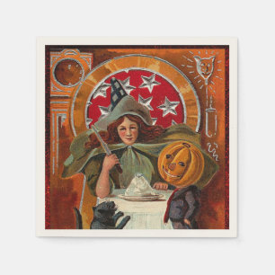 Vintage Halloween Witch Casting Spell med Trollspö Pappersservett