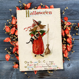 Vintage Halloween Witch Girl with Black Cat Kort