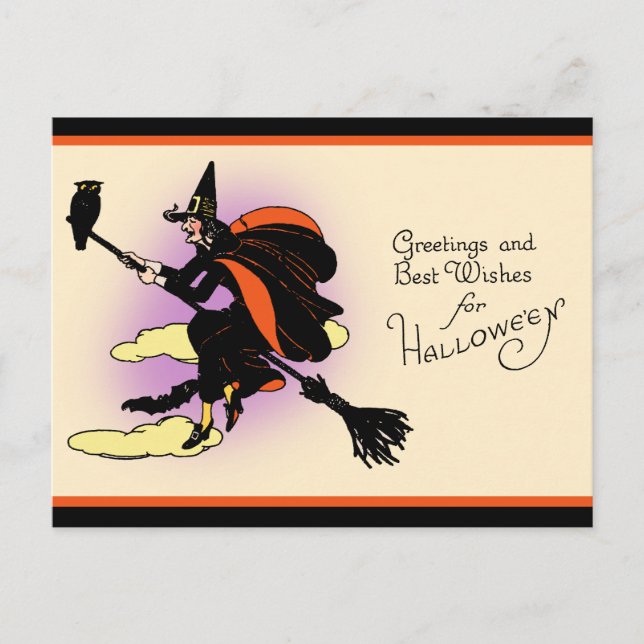 Vintage Halloween Witch Hälsning Vykort (Framsida)