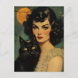Vintage Halloween Witch Holding Black Cat Vykort