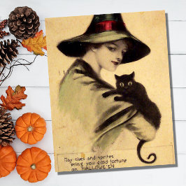 Vintage Halloween Witch Holding Black Cat Vykort