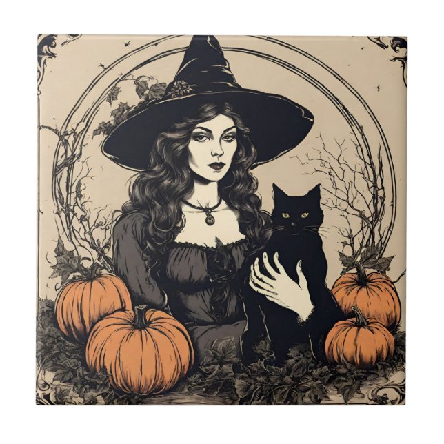 Vintage Halloween Witch med Black Cat, Pumpkins Kakelplatta (Framsidan)