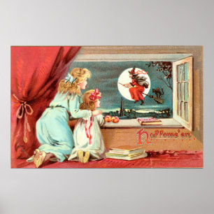 Vintage Halloween Witch med Broomstick Poster