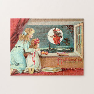 Vintage Halloween Witch med Broomstick Pussel