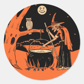 Vintage Halloween Witch med Cauldron Stickers Runt Klistermärke