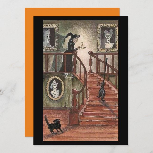 Vintage Halloween Witch med Svarta katter (Fram/baksida)