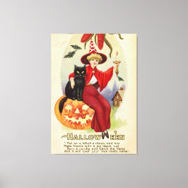 Vintage Halloween Witch och Black Cat Canvastryck