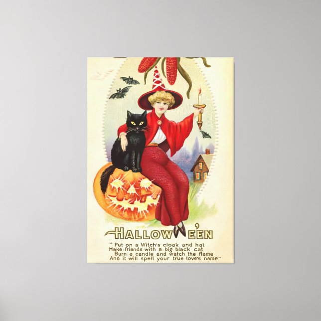 Vintage Halloween Witch och Black Cat Canvastryck (Framsida)