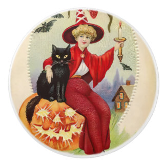 Vintage Halloween Witch och Black Cat Knopp