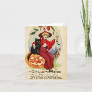 Vintage Halloween Witch och Black Cat Kort