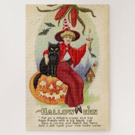 Vintage Halloween Witch och Black Cat Pussel