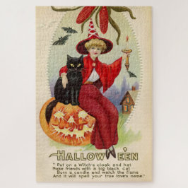 Vintage Halloween Witch och Black Cat Pussel