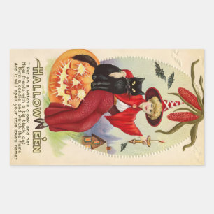Vintage Halloween Witch och Black Cat Rektangulärt Klistermärke