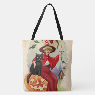 Vintage Halloween Witch och Black Cat Tygkasse