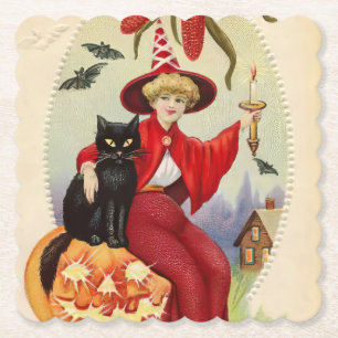 Vintage Halloween Witch och Black Cat Underlägg Papper