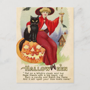 Vintage Halloween Witch och Black Cat Vykort
