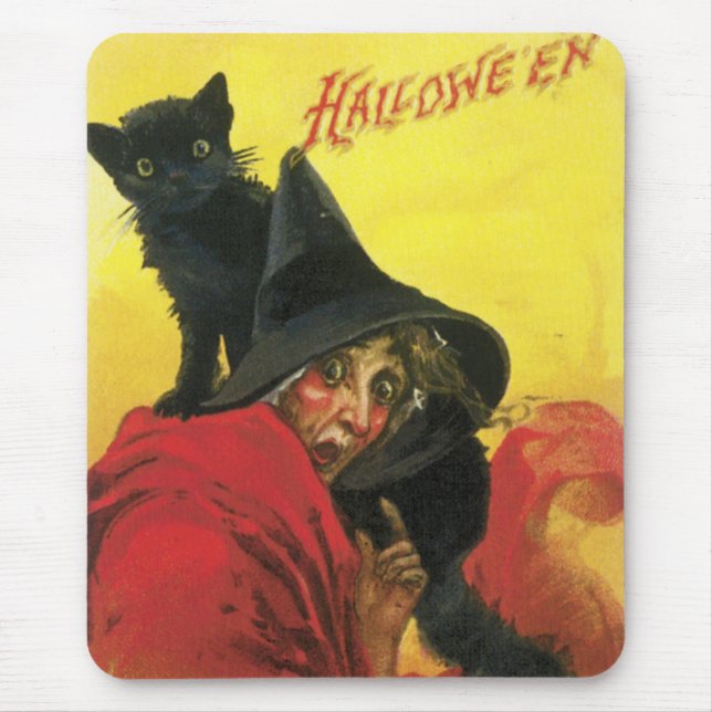 Vintage Halloween Witch och Cat Musmatta (Framsidan)
