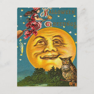Vintage Halloween Witch och Full Moon Vykort