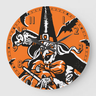 Vintage Halloween Witch och illustration av Uggla Stor Klocka