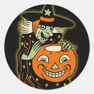Vintage Halloween Witch och Jack O'Lantern Runt Klistermärke