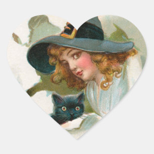 Vintage Halloween Witch och Kattunge Stickers Hjärtformat Klistermärke