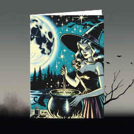 Vintage Halloween Witch omrörning av Cauldron Kort