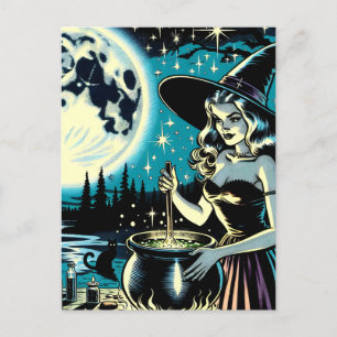 Vintage Halloween Witch omrörning av Cauldron Vykort