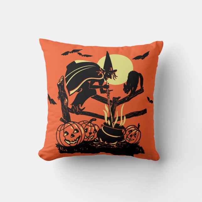 Vintage Halloween Witch på stängslet Kudde (Framsida)