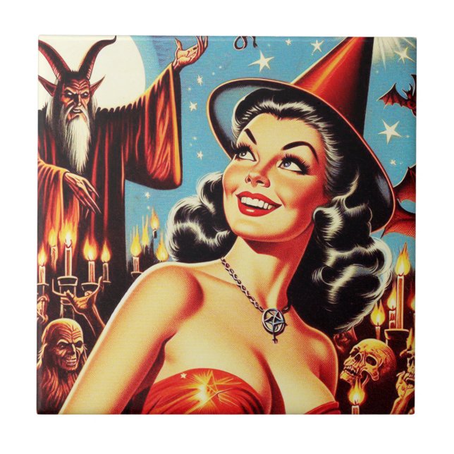 Vintage Halloween Witch Pin-up Kakelplatta (Framsidan)