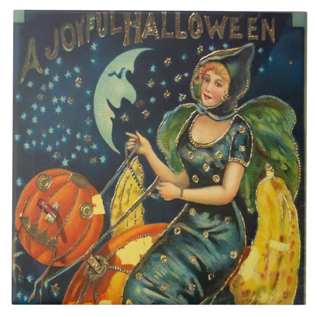 Vintage Halloween Witch Poster Kakelplatta (Framsidan)