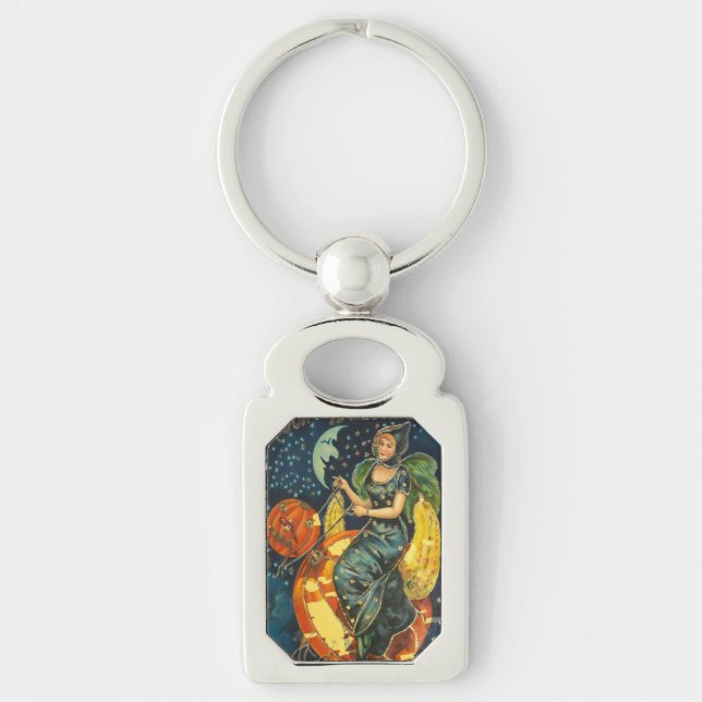 Vintage Halloween Witch Poster Rektangulärt Silverfärgad Nyckelring (Framsidan)