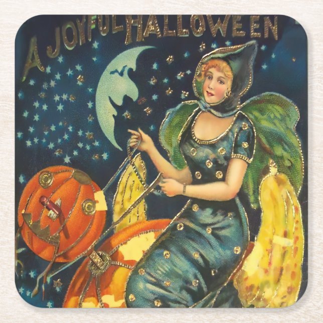 Vintage Halloween Witch Poster Underlägg Papper Kvadrat (Framsidan)