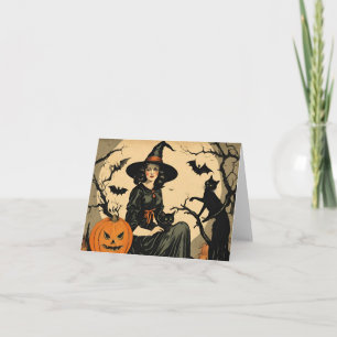 Vintage Halloween Witch, Pumpkin, Black Cat, Fladd Kort