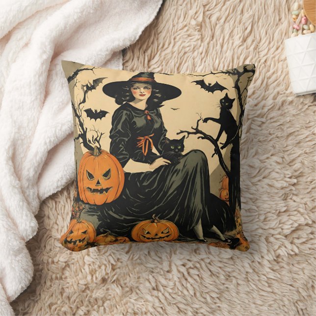 Vintage Halloween Witch, Pumpkin, Black Cat, Fladd Kudde (Filt)