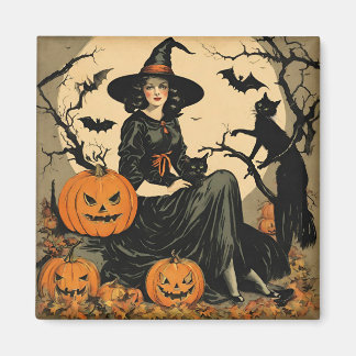 Vintage Halloween Witch, Pumpkin, Black Cat, Fladd Magnet