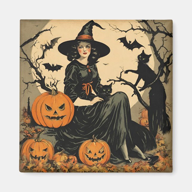 Vintage Halloween Witch, Pumpkin, Black Cat, Fladd Magnet (Framsidan)
