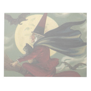 Vintage Halloween Witch Riding a Broom with Cat Anteckningsblock